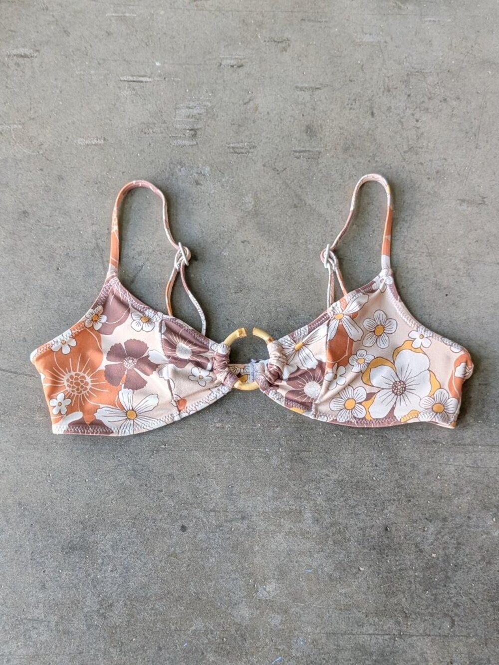 Stone Fox Swim Brown Floral Bikini Top Swimsuit small